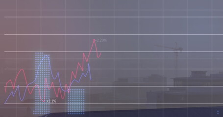 Image of financial data processing over cityscape