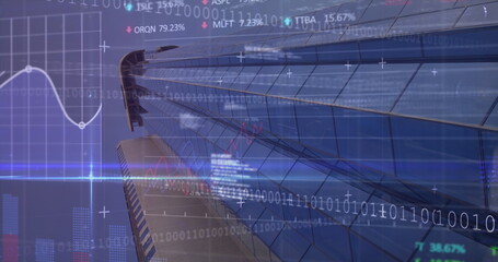 Image of stock market data processing and light trails against low angle view of tall building