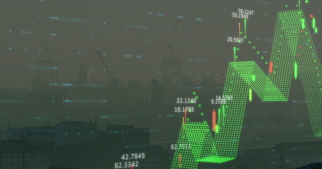 Image of financial data processing against aerial view of cityscape