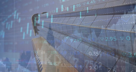 Image of statistical and stock market data processing against low angle view of tall building