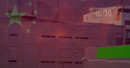 Image of waving chinese flag and data processing against tall buildings