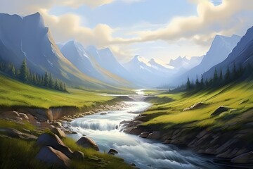 Beautiful scenery with a flowing river. Generative ai.