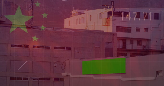 Image of waving chinese flag and data processing against tall buildings - Powered by Adobe