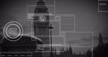 Image of interface with data processing against view of big ben tower