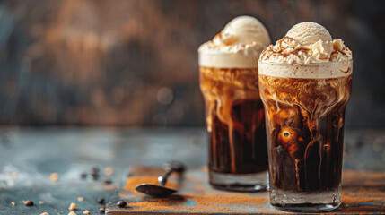 Product photo of nitro cold brew coffee with ice cream, on wooden table top surface, isolated on white background. studio lighting.	
