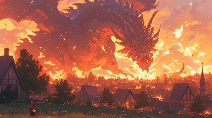 a dragon with a bright red pattern, emitting fire from its mouth, burning a small village surrounded by a small forest