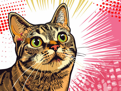 Funny portrait of a half-haired cat on a colored background in popo art style vector illustration