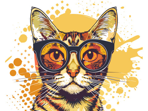 Funny portrait of a half-haired cat on a colored background in popo art style vector illustration