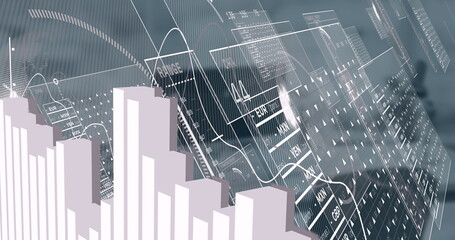 Image of interface with data processing over spinning globe against empty office