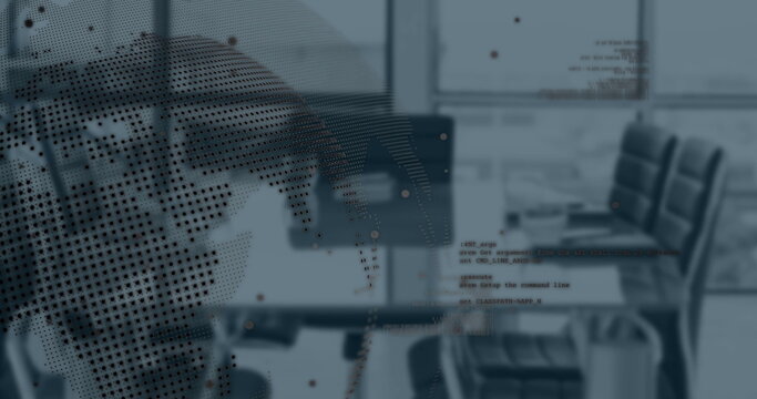 Image of spinning globe and data processing against empty office