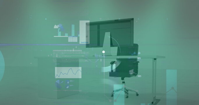 Image of neon ticking clock and data processing against office desk