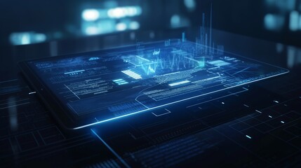 Creative image of a futuristic tablet with complex data analysis visualization on its surface