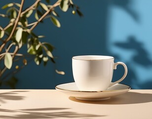Obraz premium Elegant White Cup and Saucer on Beige Table with Blue Backdrop and Shadow. Concept Product Photography, White Cup, Elegant Setup, Beige Table, Blue Backdrop