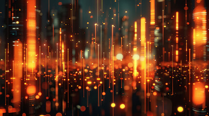 A cityscape at night with orange lights and blurred vertical lines representing data points, symbolizing the concept of big data in business analytics
