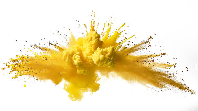 A yellow explosion smoke of holi paint color powder isolated on transparent or white background