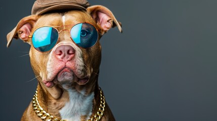 Hip hop styled dog in cap, sunglasses   gold chain on gray background for humorous banner design