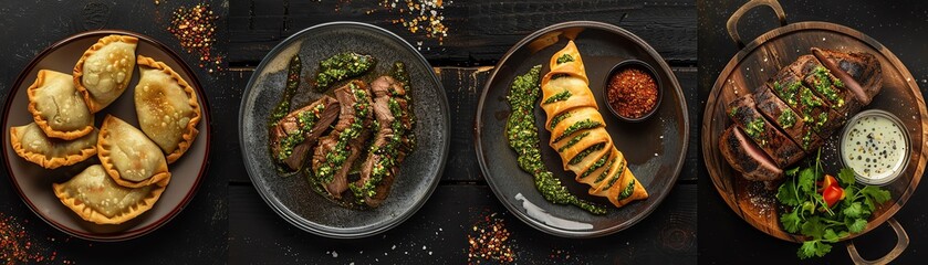 Top view collage of Argentine dishes, including empanadas, asado, and chimichurri, with a rich and appetizing display