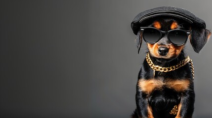 Hip hop gangster dog in cap, shades, gold chain on gray background, ideal for humorous banner design