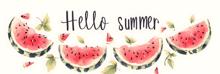 Hello Summer Creative calligraphy design on a white background with a slice of juicy watermelon with seeds. Summer time concept. Illustration for print, poster, postcard, banner