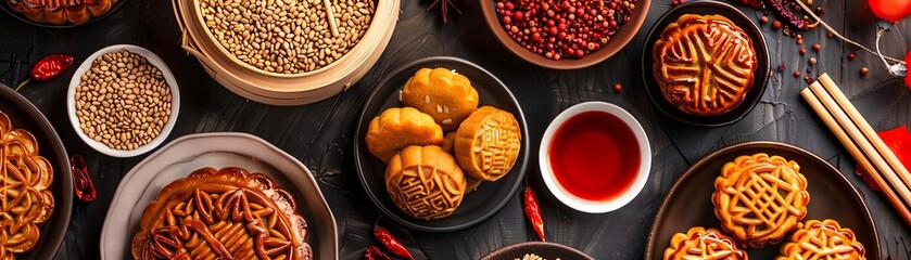 Top view collage of Chinese festive foods, including mooncakes, zongzi, and sesame balls, arranged...