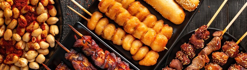 Top view collage of Chinese street snacks, including fried dough sticks, spicy peanuts, and skewered meat