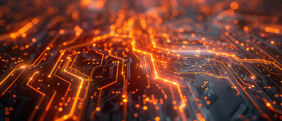 High closeup of dynamic glowing circuit board pathways