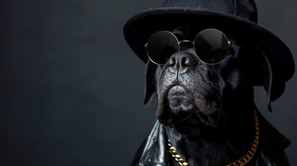Hip hop gangster dog in cap, shades, and gold chain for humorous animal banner design