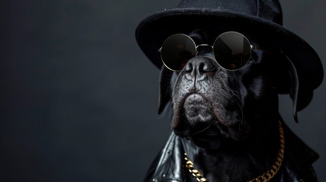 Hip hop gangster dog in cap, shades, and gold chain for humorous animal banner design
