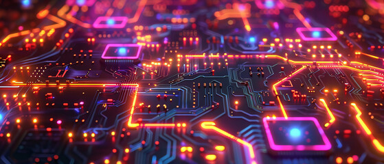 Highresolution closeup of vibrant glowing circuit board pathways