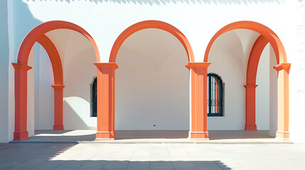Fototapeta premium Contemporary Spanish scene with stylized elements of Spanish architecture, such as arches and courtyards, combined with modern minimalist design
