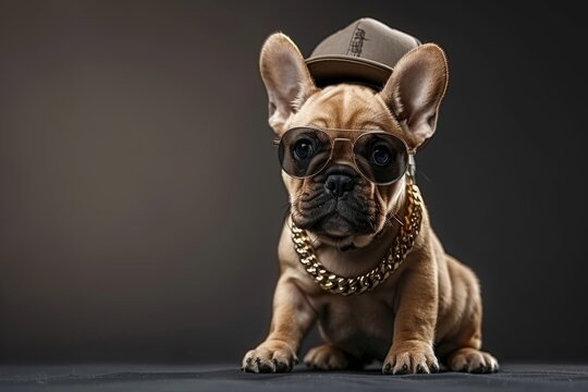 Urban hip hop dog in stylish attire striking pose, ideal for playful banner design with text space