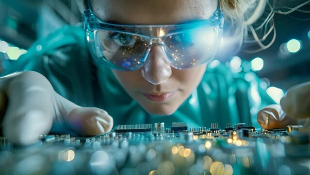 An electronics engineer intently works on a circuit board