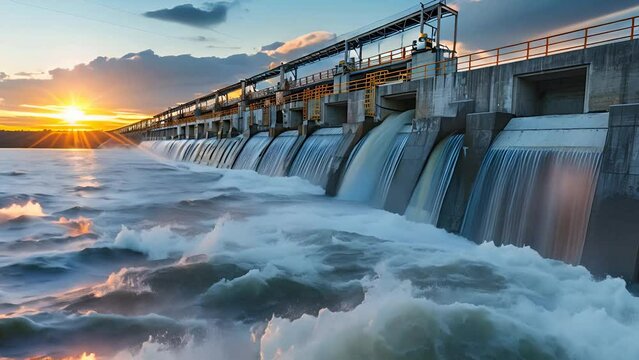 A stunning view of a hydroelectric dam at sunset, with water cascading through the structure