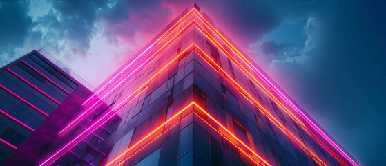 Highrise building exterior with neon lights outlining its minimalistic architecture - Powered by Adobe