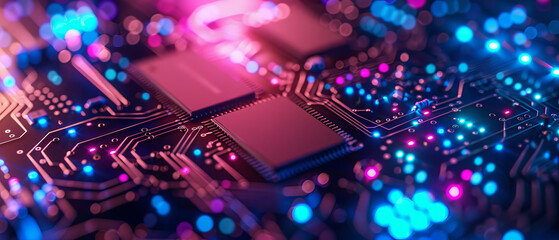 Fototapeta premium Hightech closeup of digital circuit board with blue, green, and purple lights