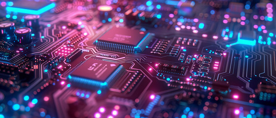 Hightech circuit board with blue, green, and purple glowing components