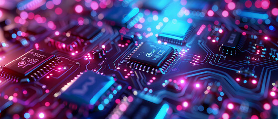 Obraz premium Hightech closeup of digital circuit board with blue, green, and purple lights