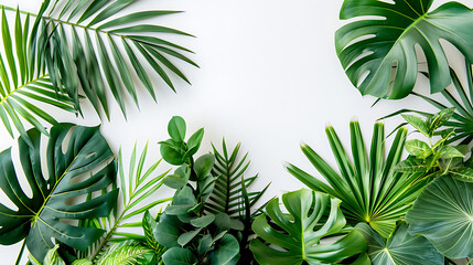 Obraz premium A modern background featuring vibrant tropical leaves and plants against a clean, white backdrop, emphasizing natural beauty and freshness