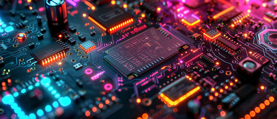 Obraz premium Hightech visual of circuit board with colorful glowing components
