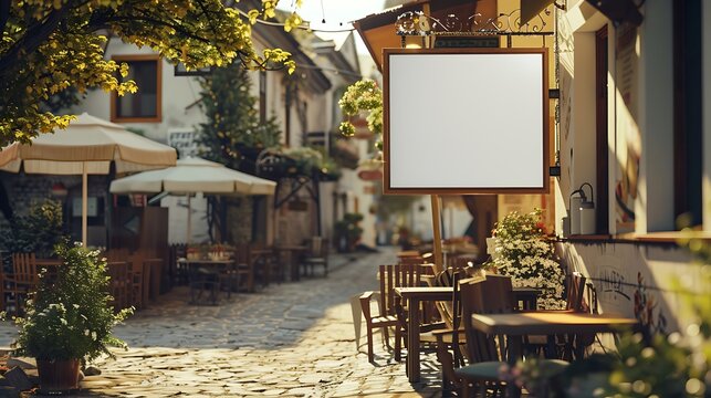 Quaint small town cafe with a small square blank billboard, perfect for local ads.