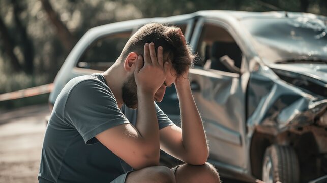 man sits in front of a wrecked car