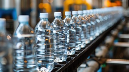 Line of bottling mineral water in plastic bottles on factory