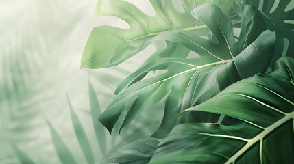 a serene background with large, green tropical leaves and soft, neutral tones, blending nature with minimalist design for a calming effect