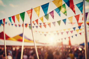 Obraz premium Colorful triangular flags backgrounds for summer outdoor event party, vintage tone, celebration background, happy summer time, copy space.