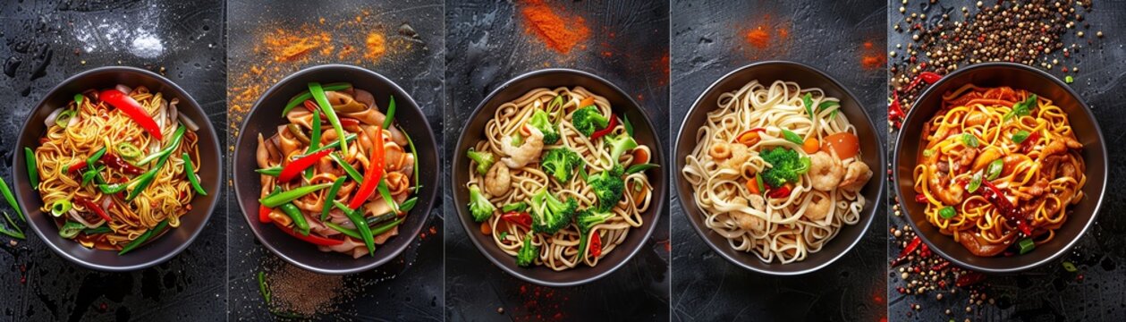 Top view collage of different types of Chinese noodles, including chow mein, lo mein, and biang biang noodles, with vibrant toppings
