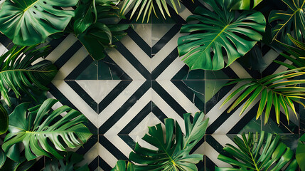 tropical setting featuring modern, abstract patterns combined with lush green foliage and bright, dynamic color contrasts to evoke a sense of stylish paradise