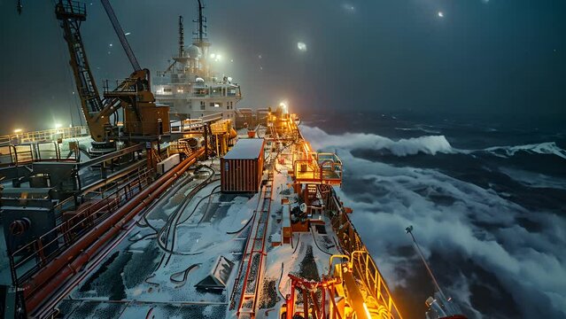 A captivating image of a cargo ship battling turbulent seas during a stormy night