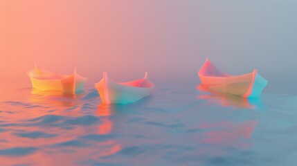 3D minimal landscape featuring a vibrant, wavy sea with colorful boats and a pastel sky.