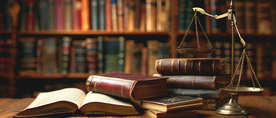 Legal books and scales of justice on a desk