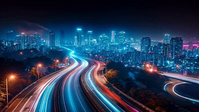 A dynamic night view of a city with vibrant light trails from traffic